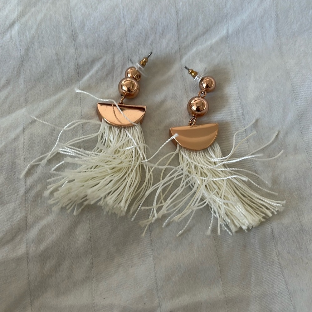 J. Crew Double rose Gold Tone Ball & cream Tassel Earrings. P/A